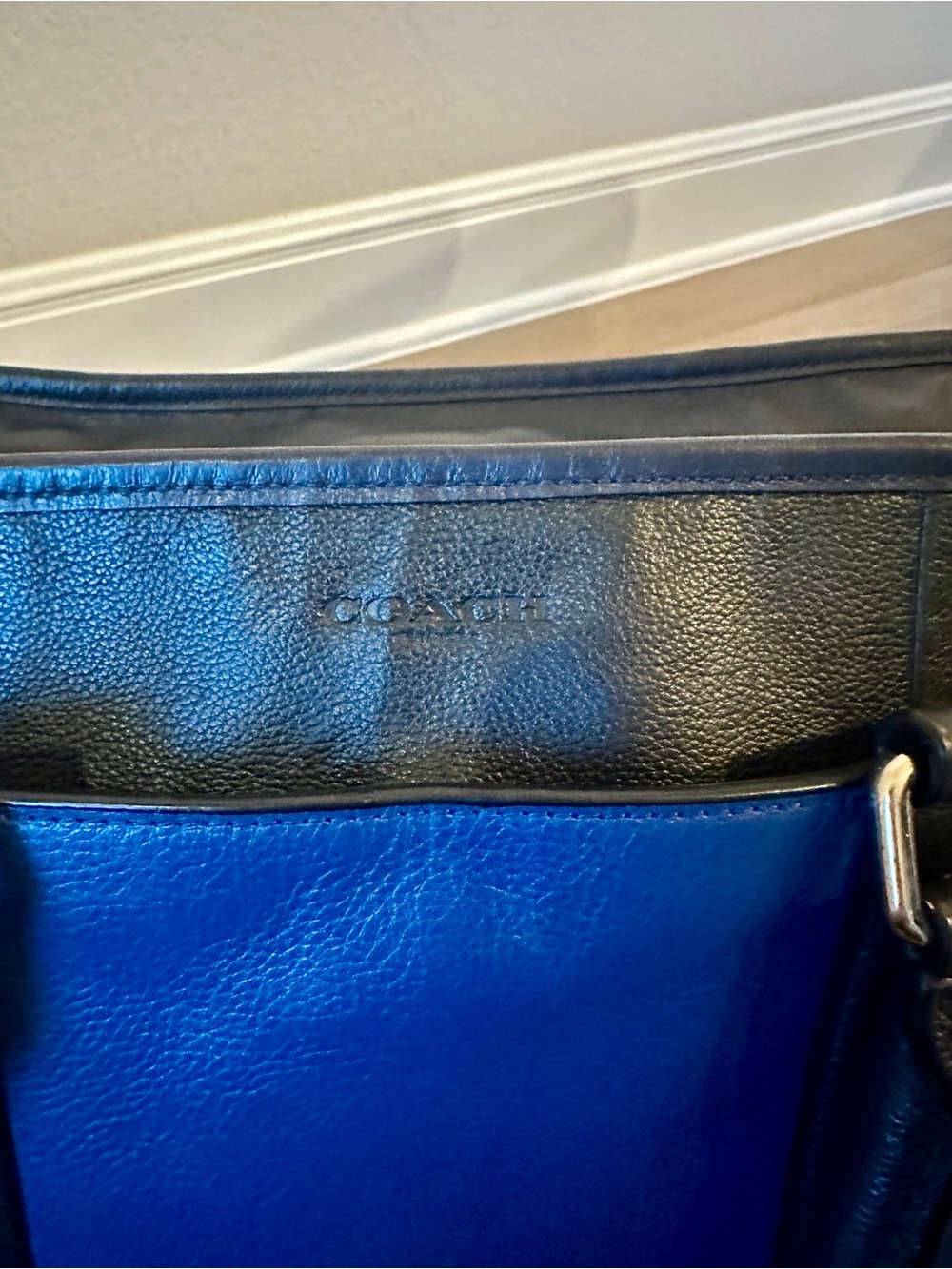 Coach Vintage Blue Navy Color Block Leather Perry Business Tote with Black Trim - Picture 11 of 16